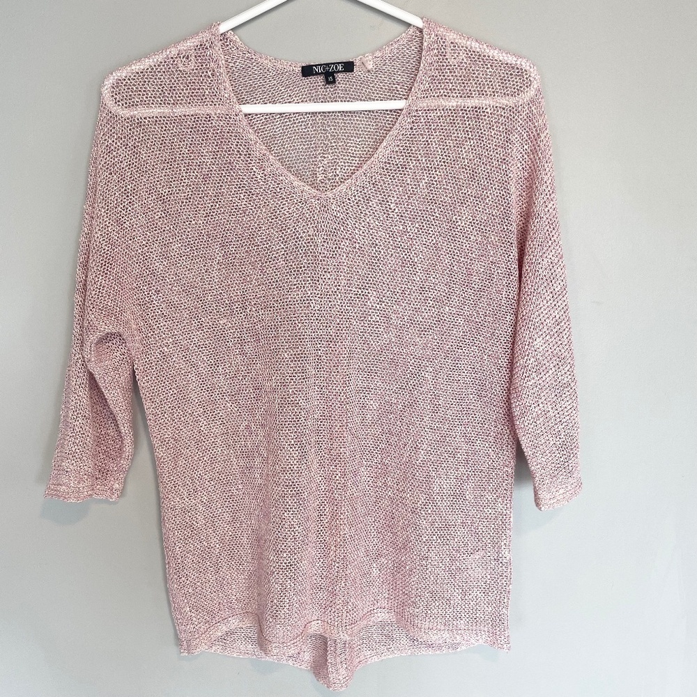 NIC+ZOE Linen Blend‎ Lightweight Knit Sweater Pink XS V-Neck 3/4 Sleeve